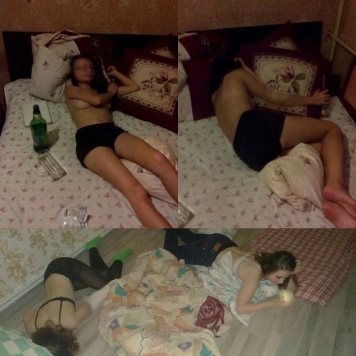 Пьяные девушки на кровати